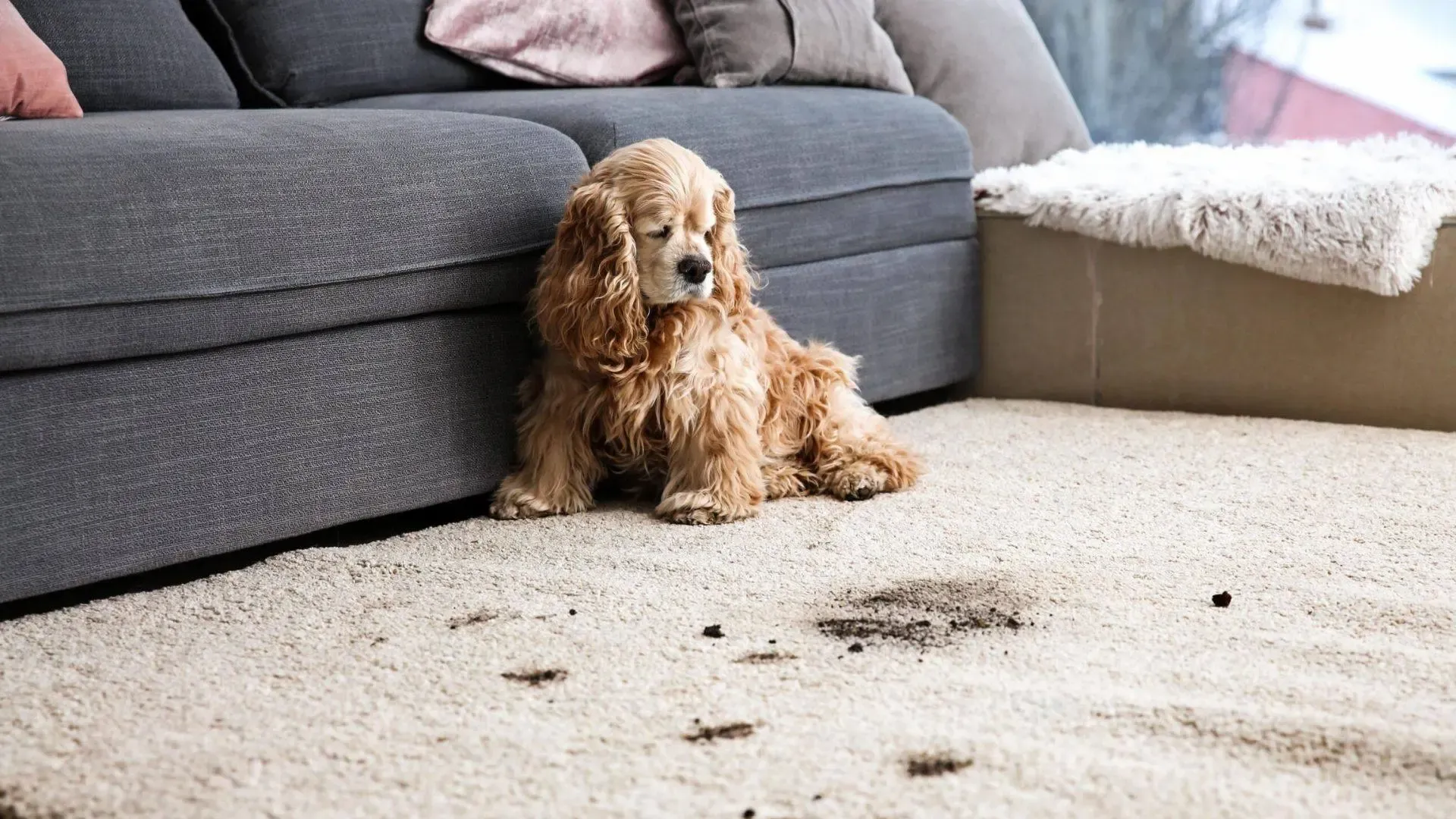 Pet stain on white carpet before professional stain removal by The Carpet Surgeon Gold Coast