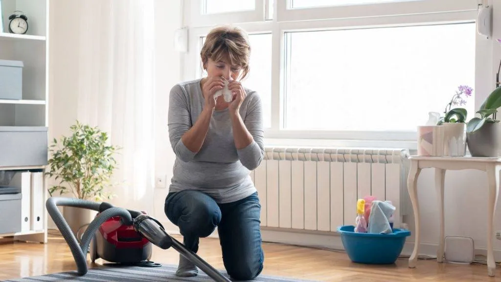 Woman blowing nose while vacuuming due to allergens in the carpet that need professional steam carpet cleaning to be removed